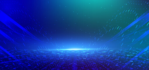 Scence futuristic glowing dot blue neon light ray with speed motion moving on dark blue background.