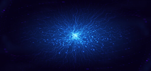 Abstract wavy lines glowing and sparkling on dark blue background. Net structure data communication digital network concept.