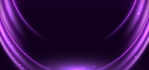 Scene elegant glowing purple curved rays on dark purple background.