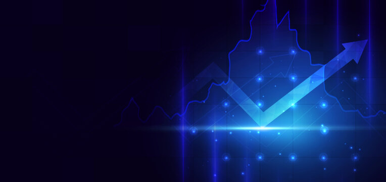 Finance chart stock market growth glowing light effect on dark blue background. Business investment concept.