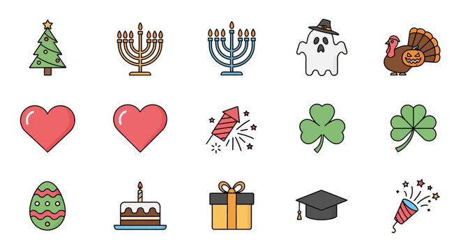 Collection of various holiday and celebration themed icons.