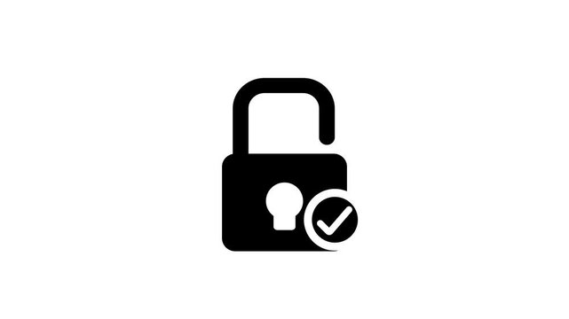 Black color icon animation, lock to unlock concept. security shield icon animation with locked padlock icon animation.on a white background, with video animation.