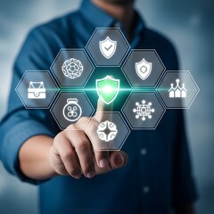 A man interacting with a futuristic cybersecurity interface with various icons