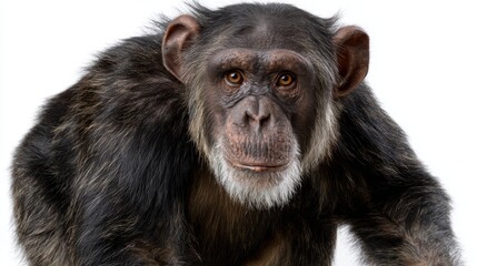 Close-up portrait of an intelligent chimpanzee looking at camera isolated on white.