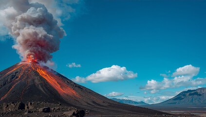 Erupting Volcano Against a Clear Blue Sky with Dramatic Smoke and Lava