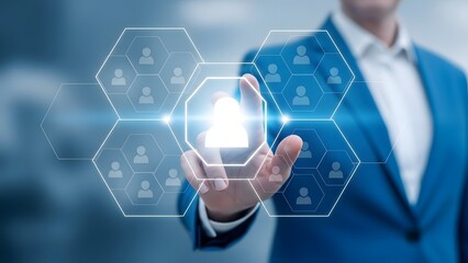 Professional Touching Virtual Screen Displaying User Icons for Human Resources and Talent Management