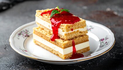 Delicious Layered Cake with Cream and Berry Sauce on a Plate.