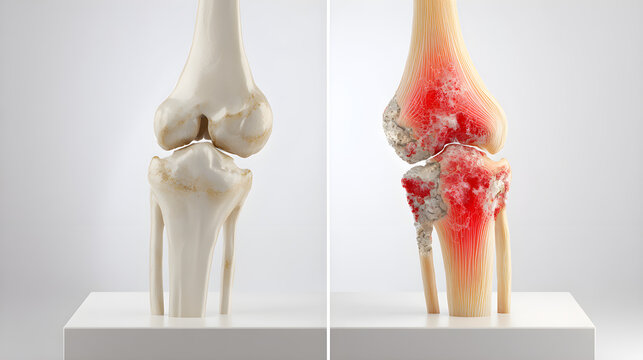 A detailed comparison of a healthy knee joint and one affected by severe osteoarthritis showing bone damage and inflammation with medical model