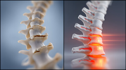 A detailed split screen comparison of a healthy spine and a spine with inflammation or injury highlighting the contrast between normal and damaged vertebrae and discs
