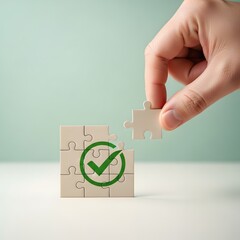 A hand placing a checkmark on a wooden block with a green verified symbol