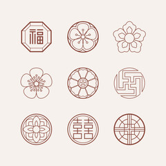 Set of traditional Korean patterns. Illustrations of traditional East Asian decorative icons.