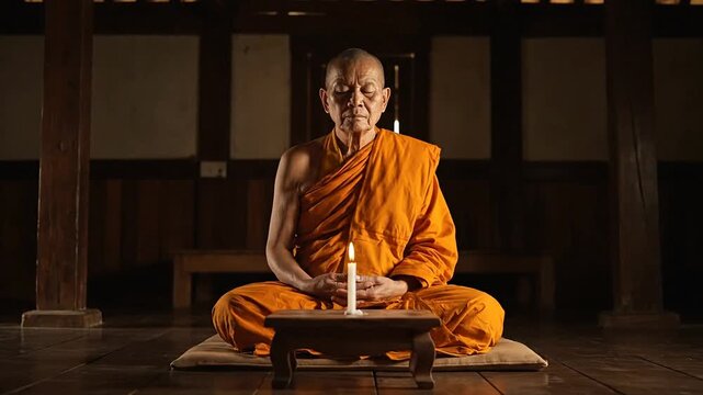 A contemplative monk meditating with a lit candle on a beige cushion inside a dimly lit room, captured in a serene still‑image perspective emphasizing tranquility and spiritual focus