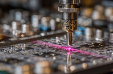 Precision Laser in Action: A close-up showcases a state-of-the-art laser etching a circuit board, a symbol of technological advancement and industrial precision. 