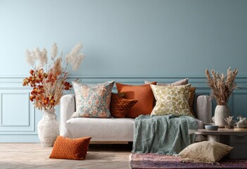 Cozy living room white sofa, textured pillows, dry flowers, soft light