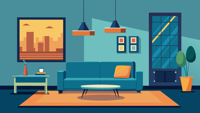 Modern living room with blue sofa Vector