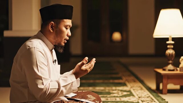 A muslim man offers a solemn supplication (dua) on a prayer rug, captured with dramatic low-key lighting inside a dim room, emphasizing peaceful spiritual devotion.