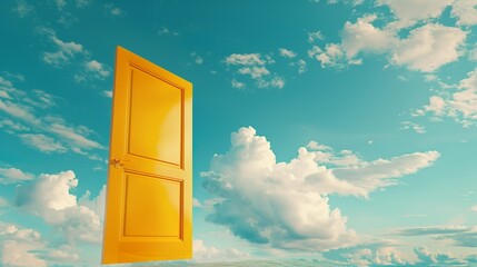Golden door floating in open sky, minimal surreal design, opportunity and future concept.