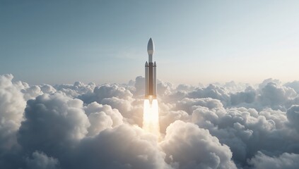 Rocket Launching Into Cloudy Sky at Dawn with Bright Flames