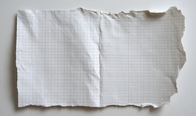Torn piece of grid paper, crumpled, with edges on a white surface