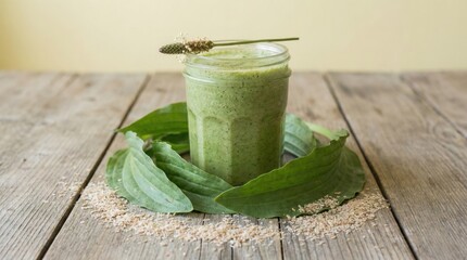 Green smoothie in a glass jar surrounded by fresh plantain leaves and psyllium husk on a rustic wooden table, showcasing healthy lifestyle and natural ingredients concept
