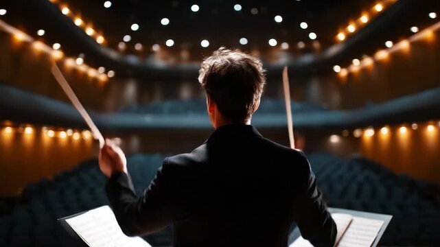 A conductor passionately leads an ensemble, wielding a baton amidst an empty auditorium, emphasizing the unsung beauty of live performance and music creation.