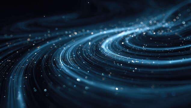 Abstract spirals of blue light, speckled with glitter, create swirling depth