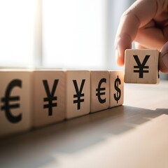 Hand placing a yen currency block among euro and dollar blocks