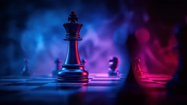 Chessboard with King under neon lighting and fog