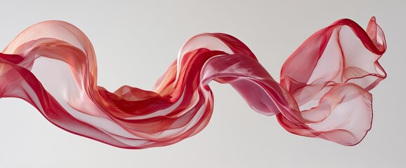 Flowing translucent fabric, shades of red, orange, and pink against a white background