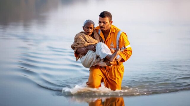 Compassionate Heroism: A Caregiver Navigates Shallow Waters to Safely Rescue an Elder, Reflecting Strength and Dignity in the Face of Adversity and Calm Waterways