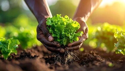 Hands Holding Fresh Lettuce in Garden Soil.