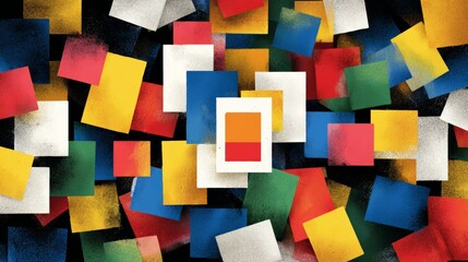 Abstract geometric background with colorful overlapping cards and spray paint texture.