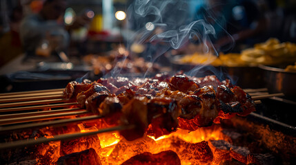 A Culinary Symphony of Smoke and Flavor: Close-Up of Sizzling Skewered Meat Grilling Over Ember Coals, Evoking the Warmth and Aroma of a Lively Street Food Scene