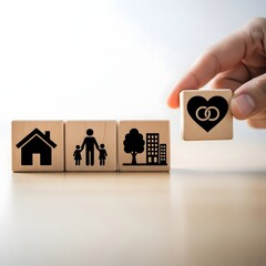 A hand placing a heart with interlocking rings on wooden blocks with home family tree and building icons