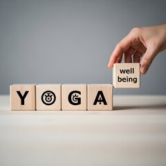 A hand placing a 'well being' block next to 'yoga' blocks on a table