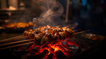 Close-up of Delicious Grilled Skewers Over Burning Coals, Emitting Smoke, Capturing the Essence of Street Food