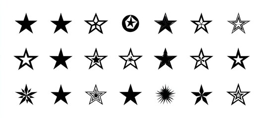 Collection of black and white stars of various designs in rows