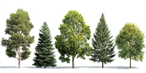 Five various mature trees with green leaves isolated against a white backdrop