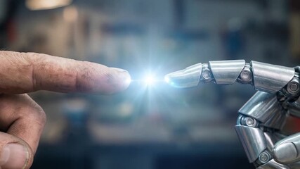 Creative workflow ai human finger and robot finger touch spark symbolizing collaboration innovation technology bridging human touch and robotic - Powered by Adobe