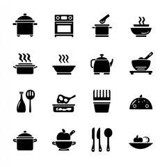 Sixteen icons of kitchenware pots, stove, utensils, bowls in simple black shapes