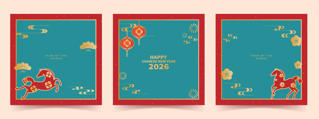 2026 Chinese New Year and Year of the Horse template set featuring lanterns and Asian decorative patterns.