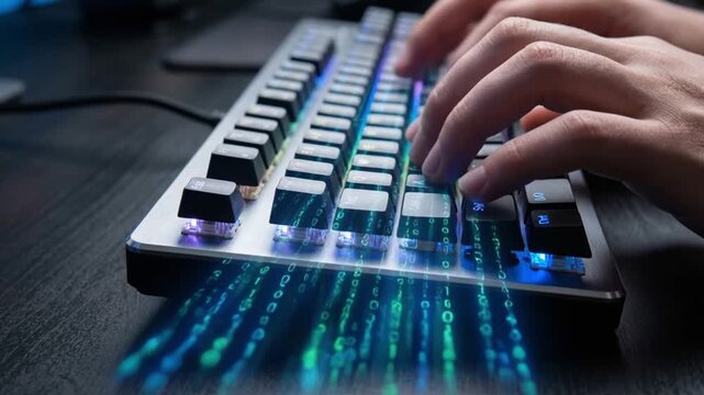 Creative workflow ai glowing keyboard with hands typing code binary stream technology glowing. programmer hands typing illuminated keyboard conveying