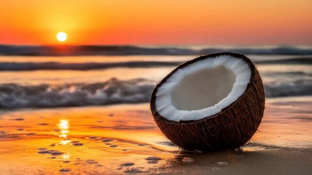 Coconut half on beach at sunset, waves lapping, orange sky