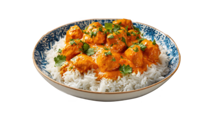 Orange chicken pieces are plated over white basmati rice in a patterned blue bowl.