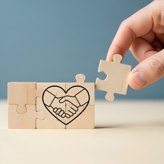 Hand placing puzzle piece with heart and handshake on wooden block