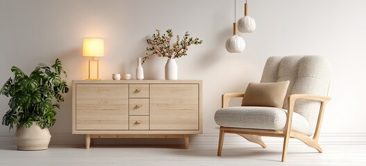 Cozy interior with light wood furniture, chair, plant, & pendant lights