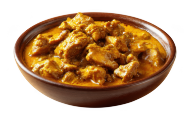 Rich brown chicken curry portion rests in a small terracotta colored earthenware dish.