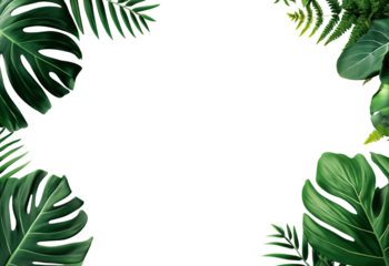 Lush tropical monstera and fern leaves framing a dark void isolated on a transparent background tropical leaves