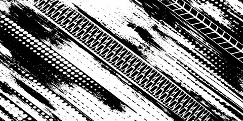 An abstract black and white grunge background features a dirty ink texture and old tire track pattern with a brush paint border for a vector art design element