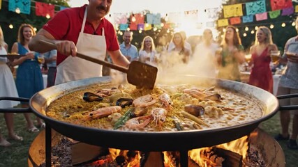 Chef cooking a large paella dish outdoors for a festive gathering of people.